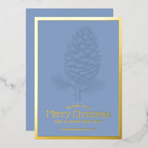 Merry Christmas Pinecone Modern Blue Corporate Foil Holiday Card