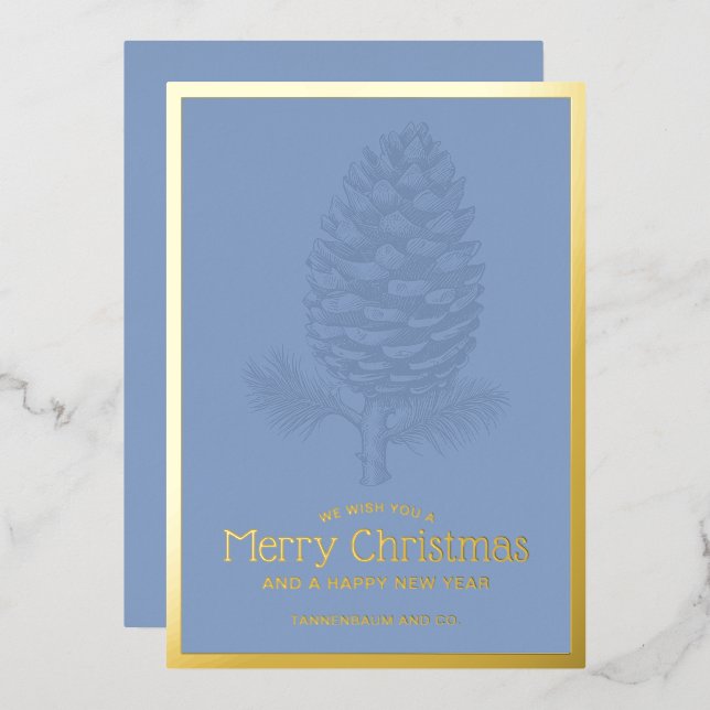 Merry Christmas Pinecone Modern Blue Corporate Foil Holiday Card (Front/Back)