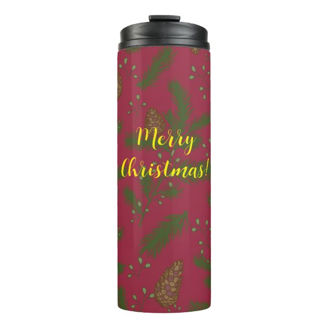 Merry Christmas Pinecones & Sprigs Thermal Tumbler (Front)