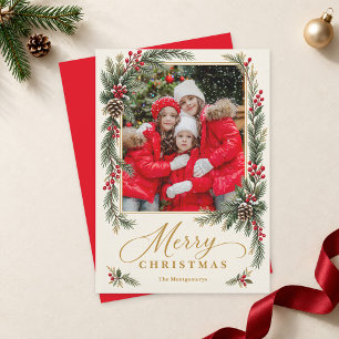 Merry Christmas Pines and Berries Photo Holiday Card