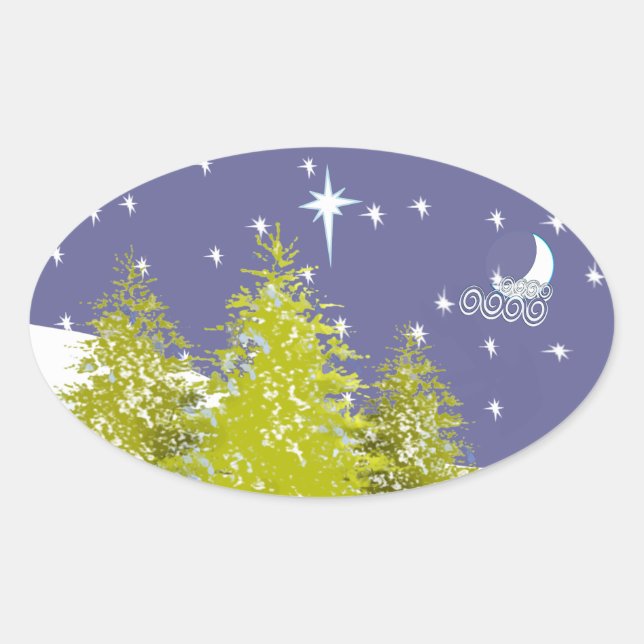 Merry Christmas Pines Moon and Stars Oval Sticker (Front)