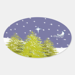 Merry Christmas Pines Moon and Stars Oval Sticker