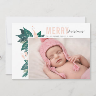 Merry Christmas. Pink and green floral botanical Holiday Card