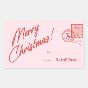 Merry Christmas Pink and Red Retro Customisable Rectangular Sticker