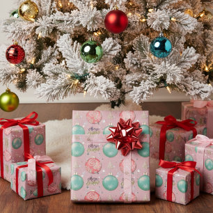 Merry Christmas Pink And Teal Ornaments Pattern Wrapping Paper