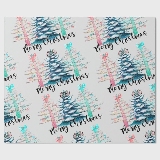 Merry Christmas Pink and Teal Trees Wrapping Paper (Flat)