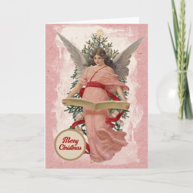 Merry Christmas Pink Angel Tree Book Religious  Holiday Card (Front)