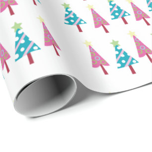 Merry Christmas Pink Blue Trees Wrapping Paper