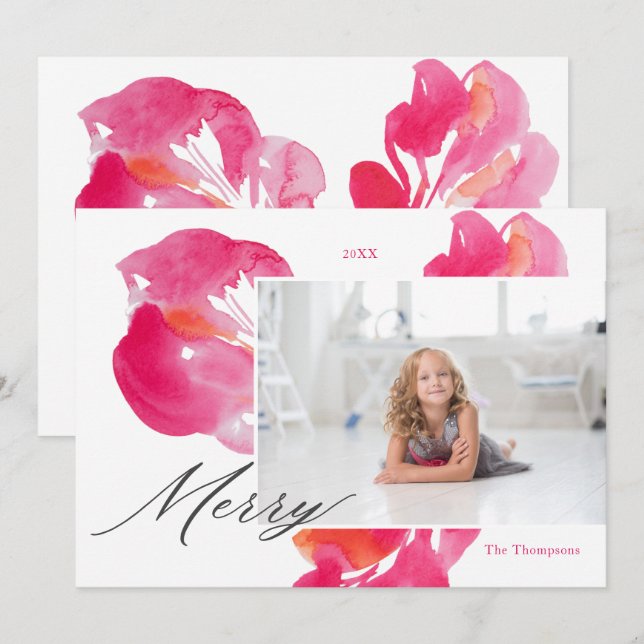 Merry Christmas Pink Bold Botanical Holiday Card (Front/Back)