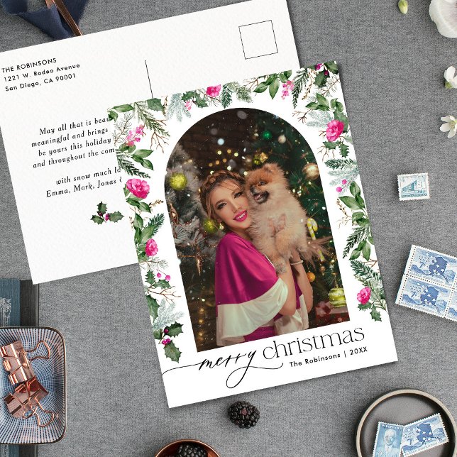 Merry Christmas Pink Botanical Arch Photo Holiday Postcard (Creator Uploaded)