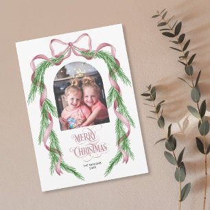 Merry Christmas Pink Bow Ribbon Pine Arch Photo Holiday Card