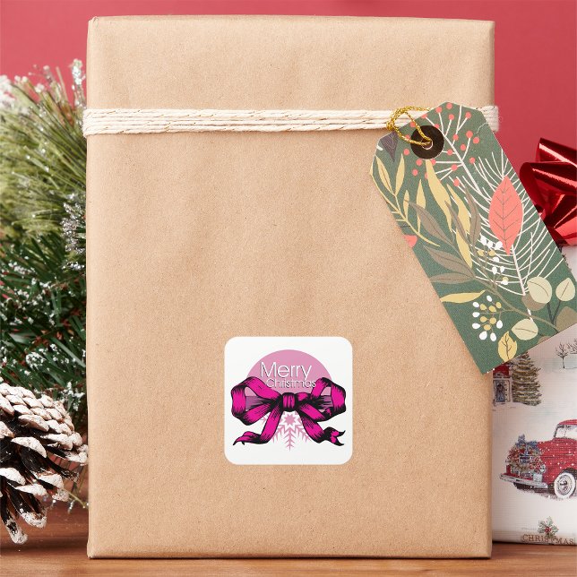 Merry Christmas Pink Bow Square Sticker (Creator Uploaded)