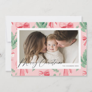 Merry Christmas pink bows and green sprig Holiday Card