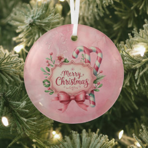 Merry Christmas Pink Candy Canes Holly Glass Tree Decoration