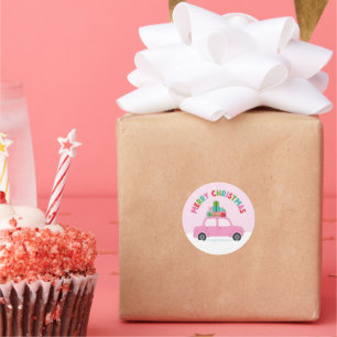 Merry Christmas Pink Car with Gifts in Pastel Pink Classic Round Sticker