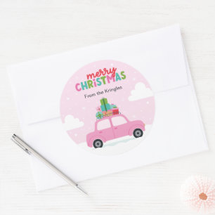 Merry Christmas Pink Car with Gifts in Pastel Pink Classic Round Sticker