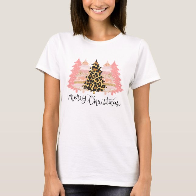 Merry Christmas, Pink Christmas Trees T-Shirt (Front)