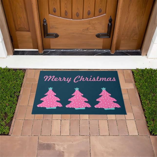Merry Christmas Pink Contemporary Christmas Trees Doormat (Outdoor)