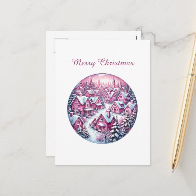 Merry Christmas Pink Country Town Holiday Postcard (Front/Back In Situ)