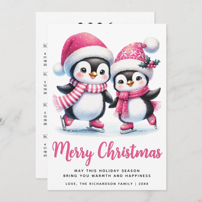 Merry Christmas Pink Cute Ice Skating Penguins Holiday Card (Front/Back)