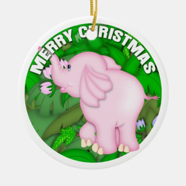 Merry Christmas Pink Elephant Ceramic Tree Decoration (Front)