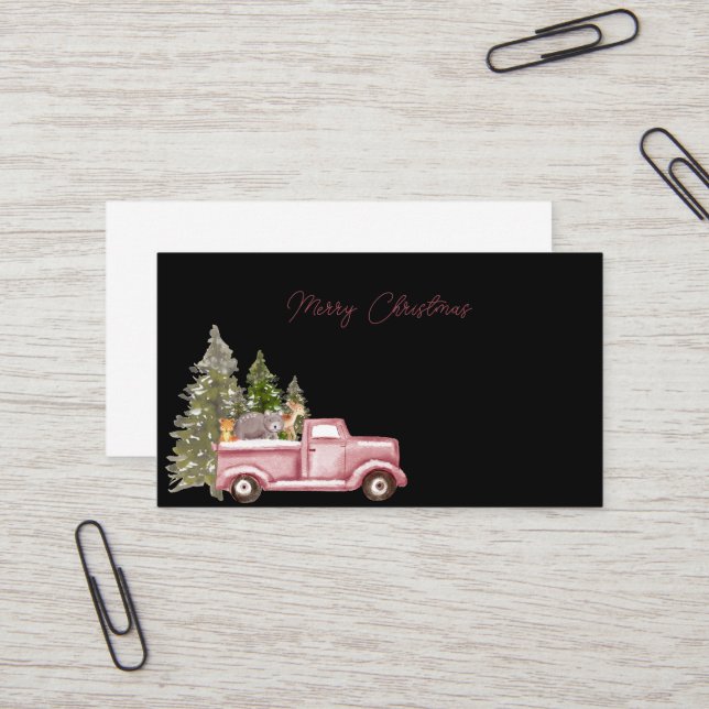 Merry Christmas Pink Farm Truck Christmas Trees Business Card (Front/Back In Situ)