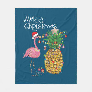 Merry Christmas Pink Flamingo Christmas Fleece Blanket