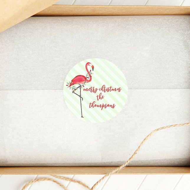 Merry Christmas Pink Flamingo Custom Classic Round Sticker (Pink Flamingo Merry Christmas custom sticker.)