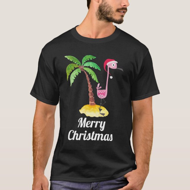 Merry Christmas Pink Flamingo in Santa Hat T-Shirt (Front)