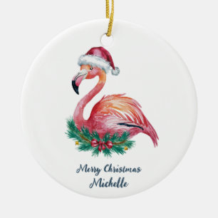 Merry Christmas Pink Flamingo Personalized Ceramic Tree Decoration