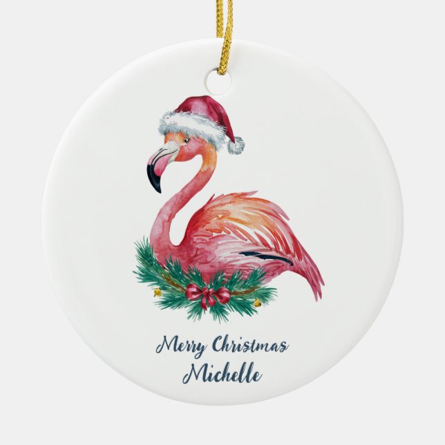 Merry Christmas Pink Flamingo Personalized Ceramic Tree Decoration (Front)