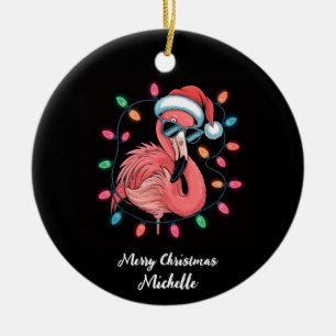 Merry Christmas Pink Flamingo Personalized Ceramic Tree Decoration