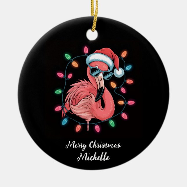 Merry Christmas Pink Flamingo Personalized Ceramic Tree Decoration (Front)