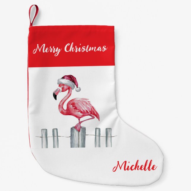 Merry Christmas Pink Flamingo Personalized Small Christmas Stocking (Front)