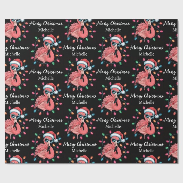 Merry Christmas Pink  Flamingo Personalized        Wrapping Paper (Flat)