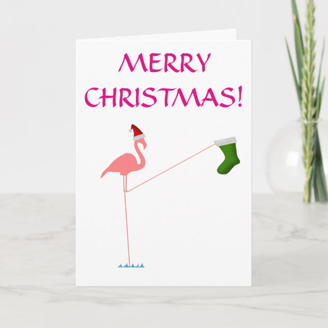 "MERRY CHRISTMAS!", Pink Flamingo Silhouette Holiday Card (Front)