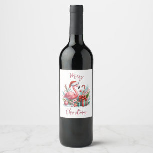 Merry Christmas Pink Flamingo Wine Label