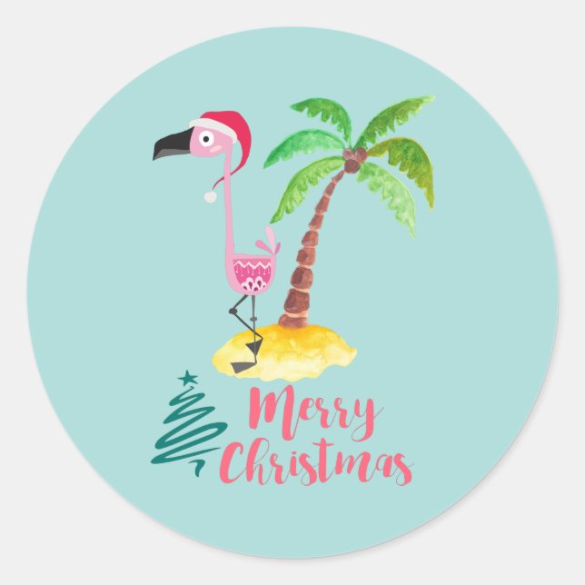 Merry Christmas Pink Flamingo With Palm Tree Classic Round Sticker (Front)