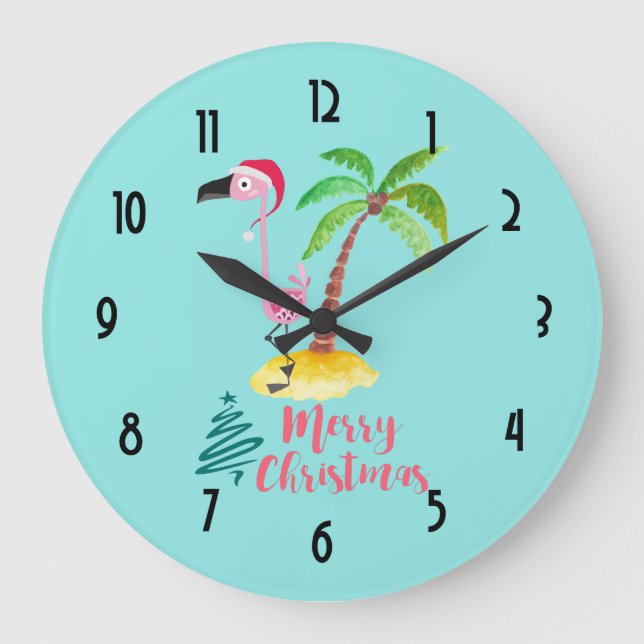 Merry Christmas Pink Flamingo With Palm Tree Large Clock (Front)