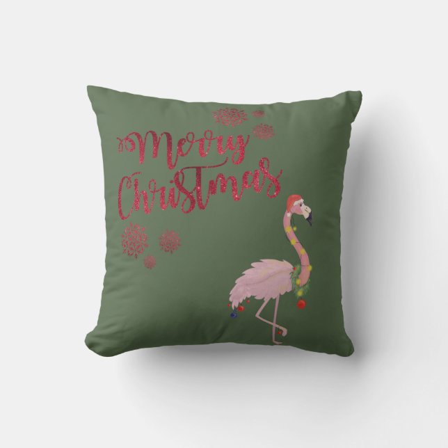 Merry Christmas, Pink Flamingo  With Santa Hat Cushion (Front)