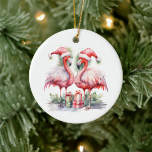 Merry Christmas Pink Flamingos Ceramic Tree Decoration