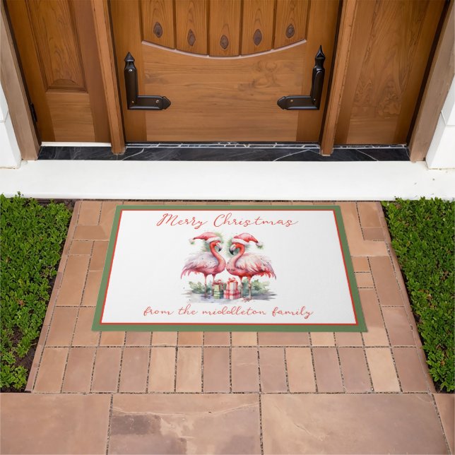 Merry Christmas Pink Flamingos Doormat (Outdoor)