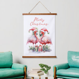 Merry Christmas Pink Flamingos Hanging Tapestry