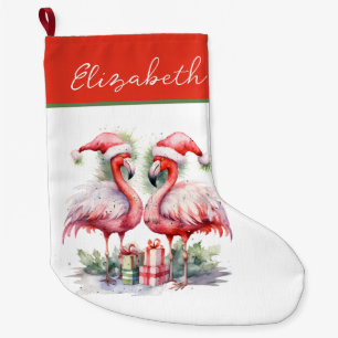 Merry Christmas Pink Flamingos Large Christmas Stocking