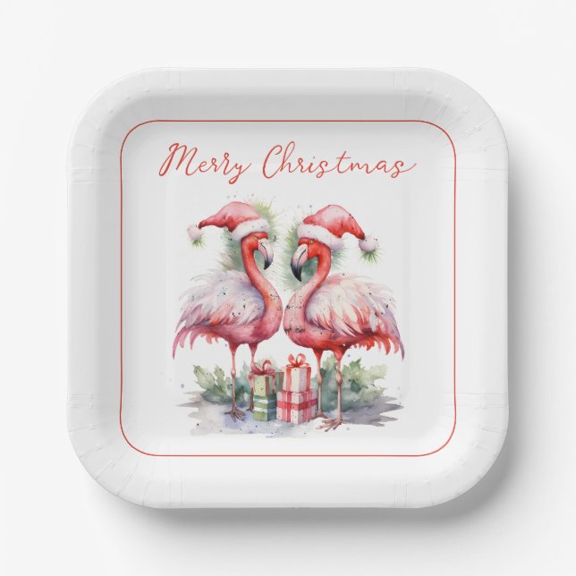 Merry Christmas Pink Flamingos Paper Plate (Front)