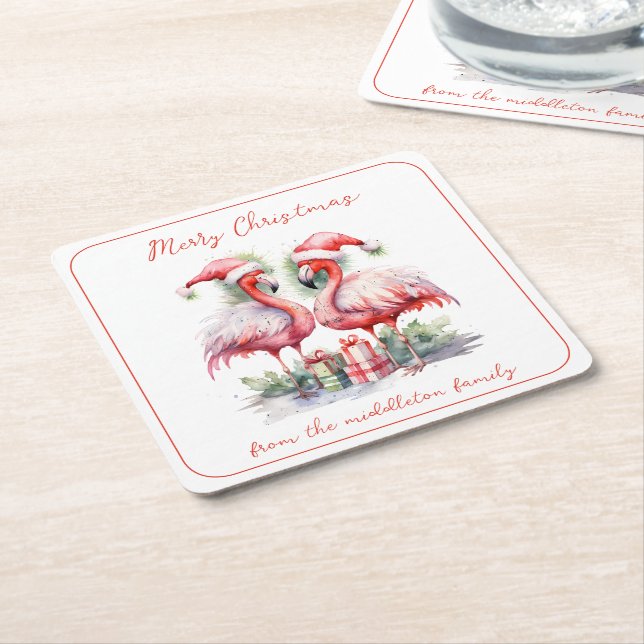 Merry Christmas Pink Flamingos Square Paper Coaster (Angled)