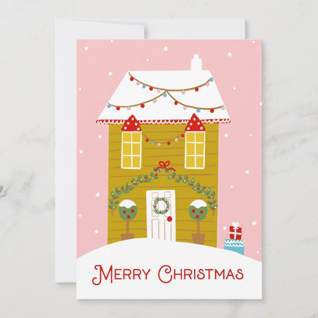 Merry Christmas Pink Gingerbread House Card (Front)