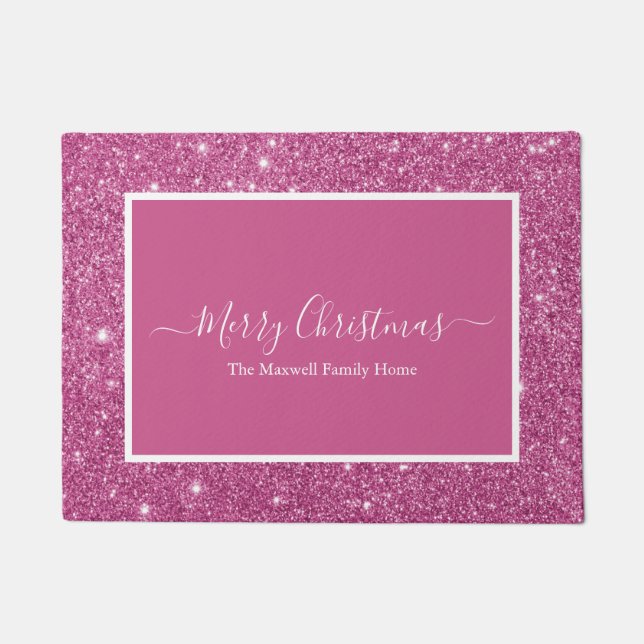Merry Christmas pink glitter family name Door Doormat (Front)