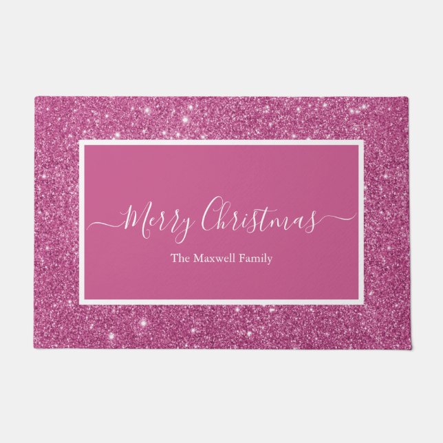 Merry Christmas pink glitter family name Door Doormat (Front)