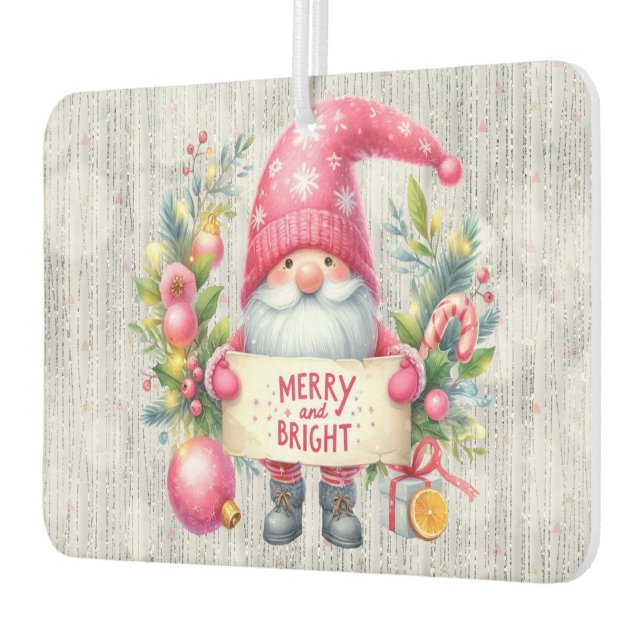 Merry Christmas Pink Gnome Glittery Car Air Freshener (Left)